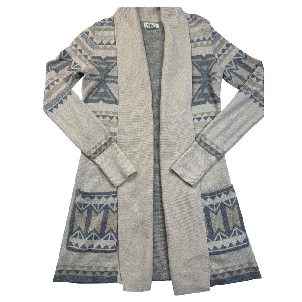 Yes Lola Womens XS Cotton Southwestern Geometric Longline Cardigan Sweater Beige